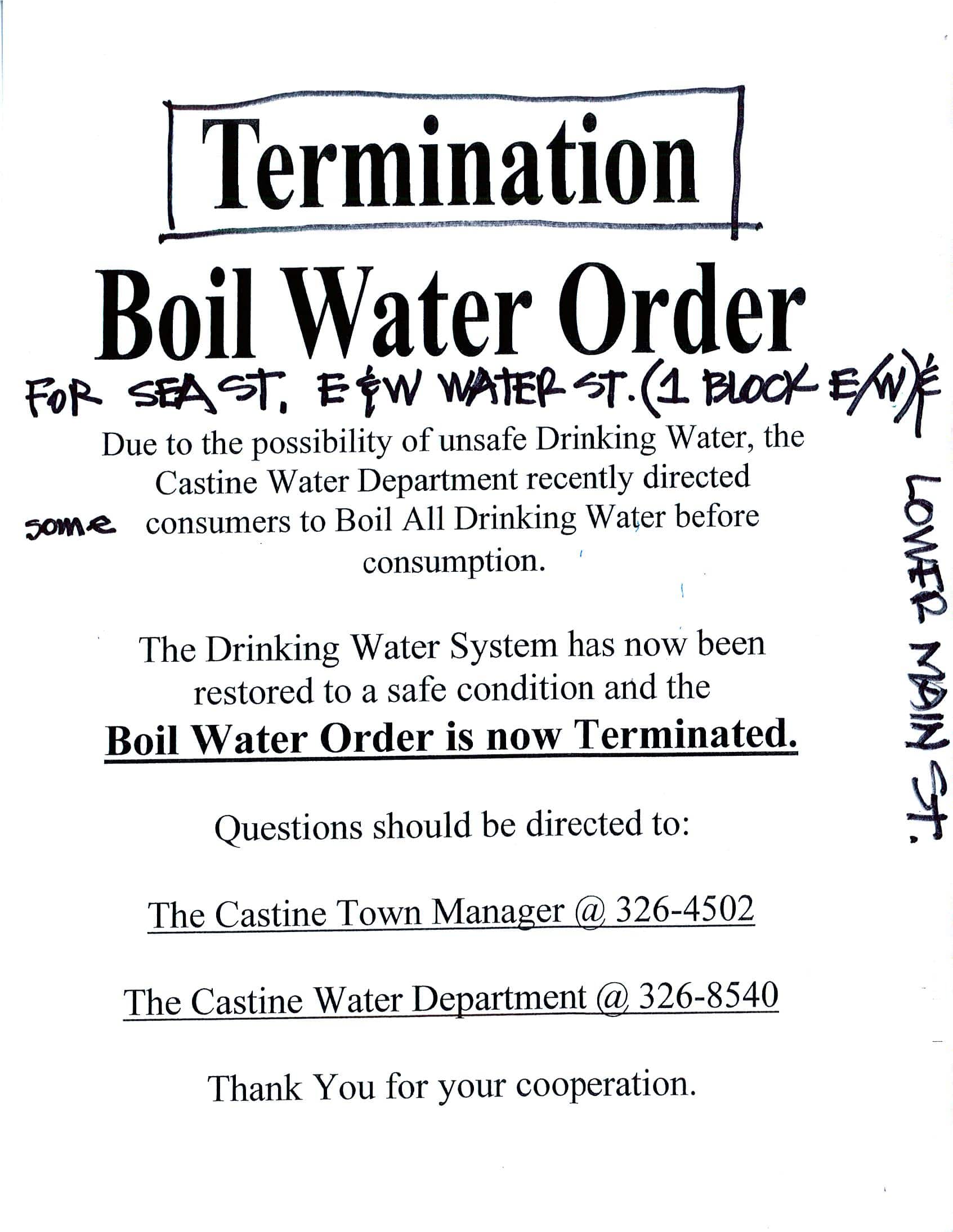 Boil Water Order Termination Castine, Maine
