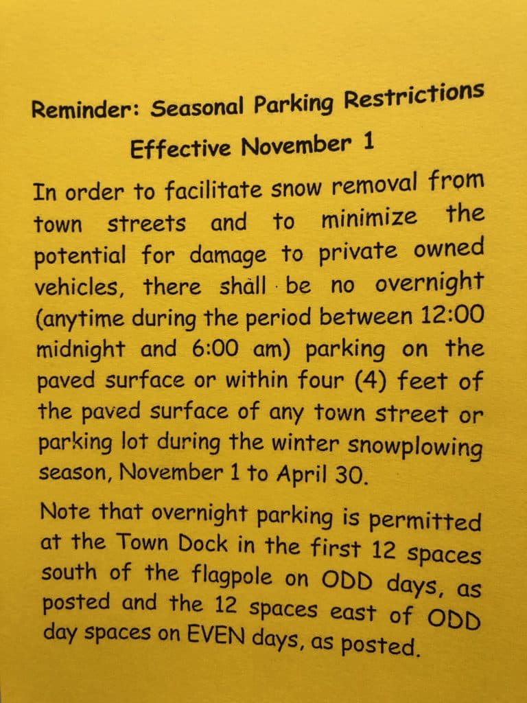 Overnight Parking Ban Reminder Notice Castine, Maine