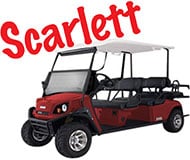 Photo of multi-seat red golf cart with roof and the words Scarlett above